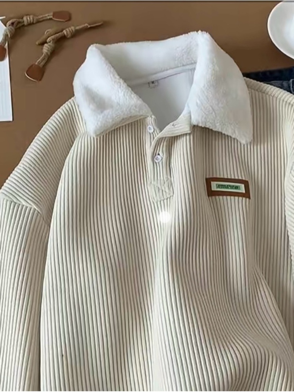 Cream Ribbed Pullover with Sherpa Collar